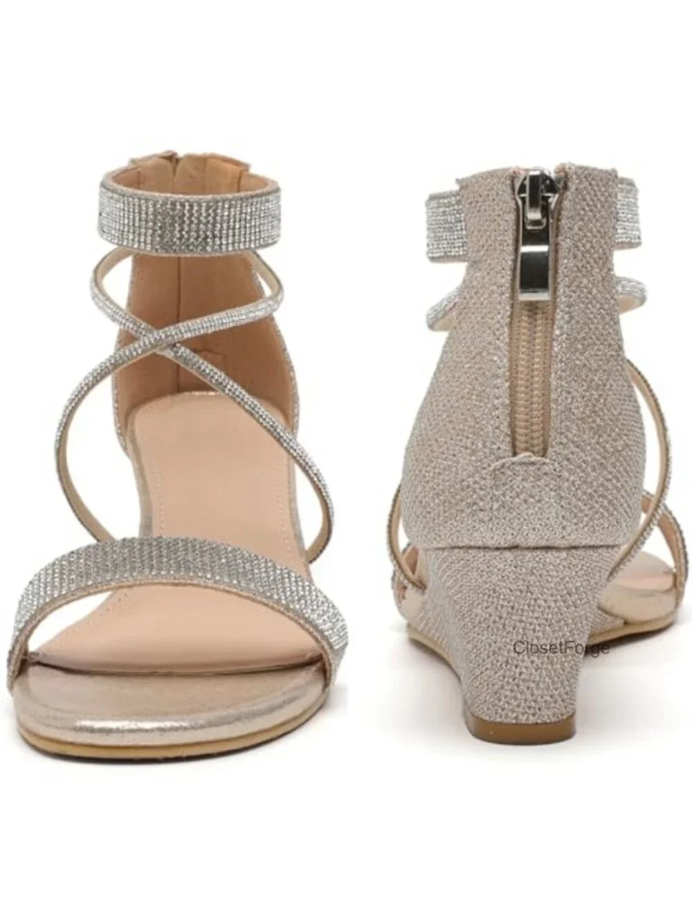 Women Low Wedge Heel Sandals Open Toe Rhinestone Ankle Strap Party